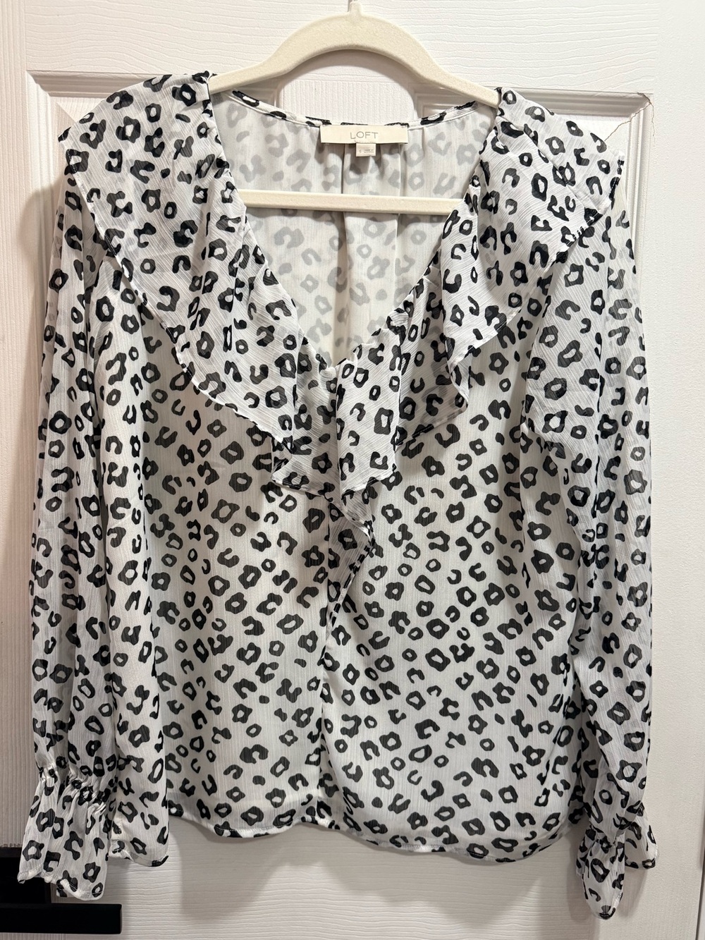LOFT White Leopard Print Ruffle Blouse Small